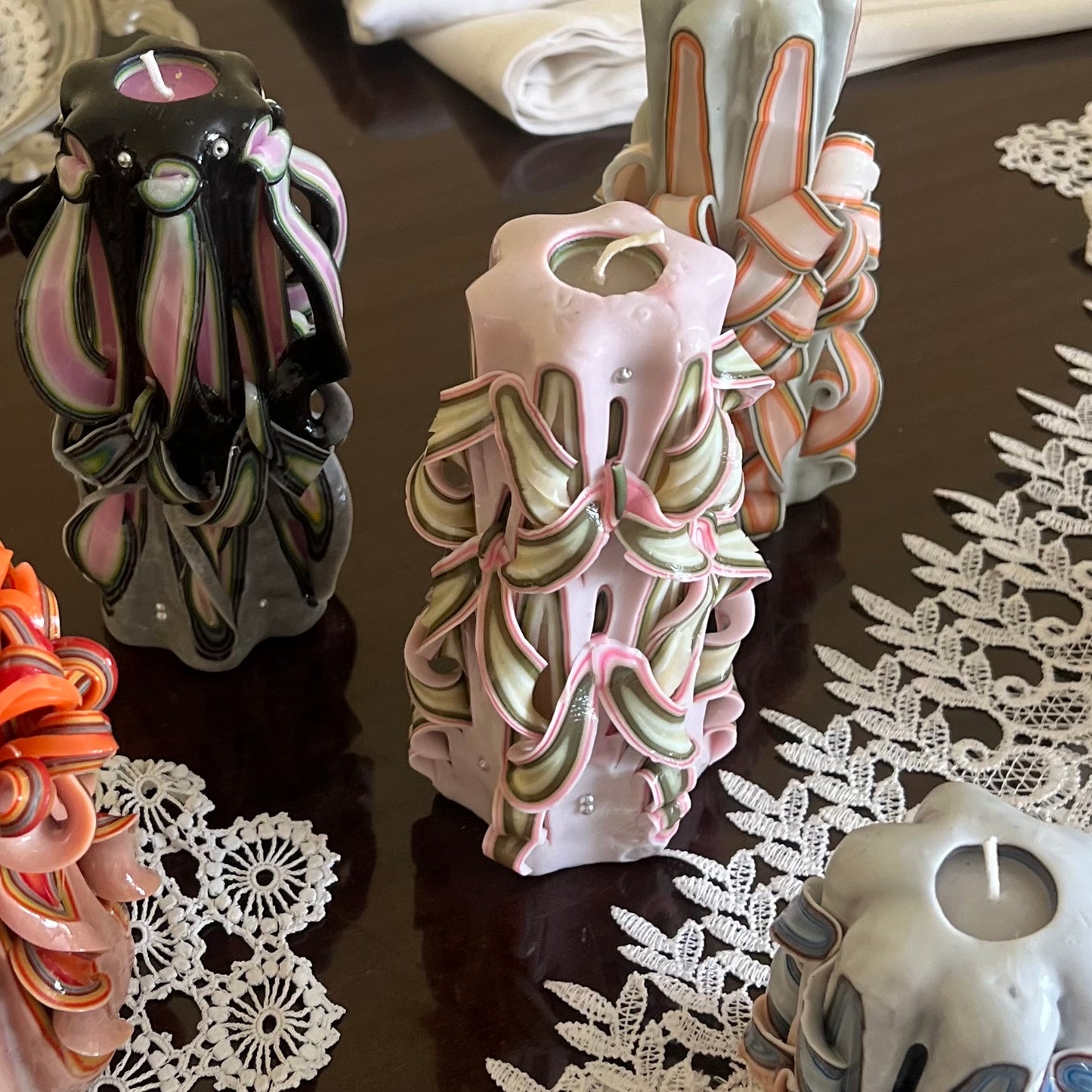 Carved candle ~ pink/green