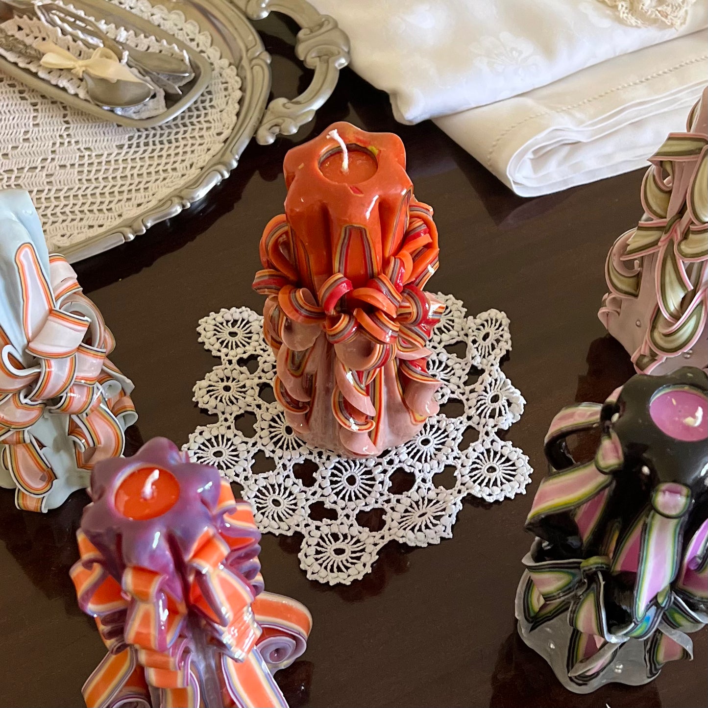 Carved candle ~ pink/orange